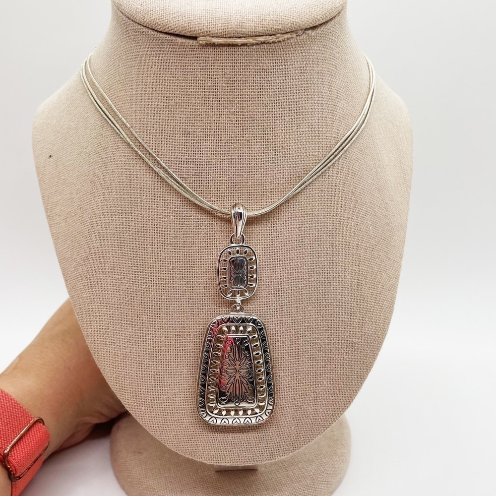 Three Strand Silver Tone Heart Etched Pendant Necklace